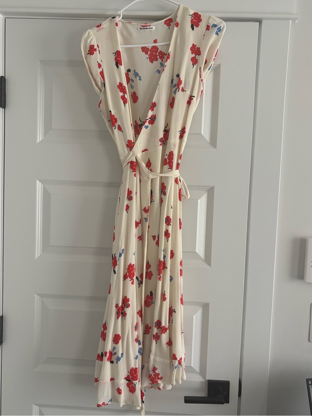 Reformation Cream Wrap Midi Dress with Red and Blue Floral Print - Picture 3 of 3